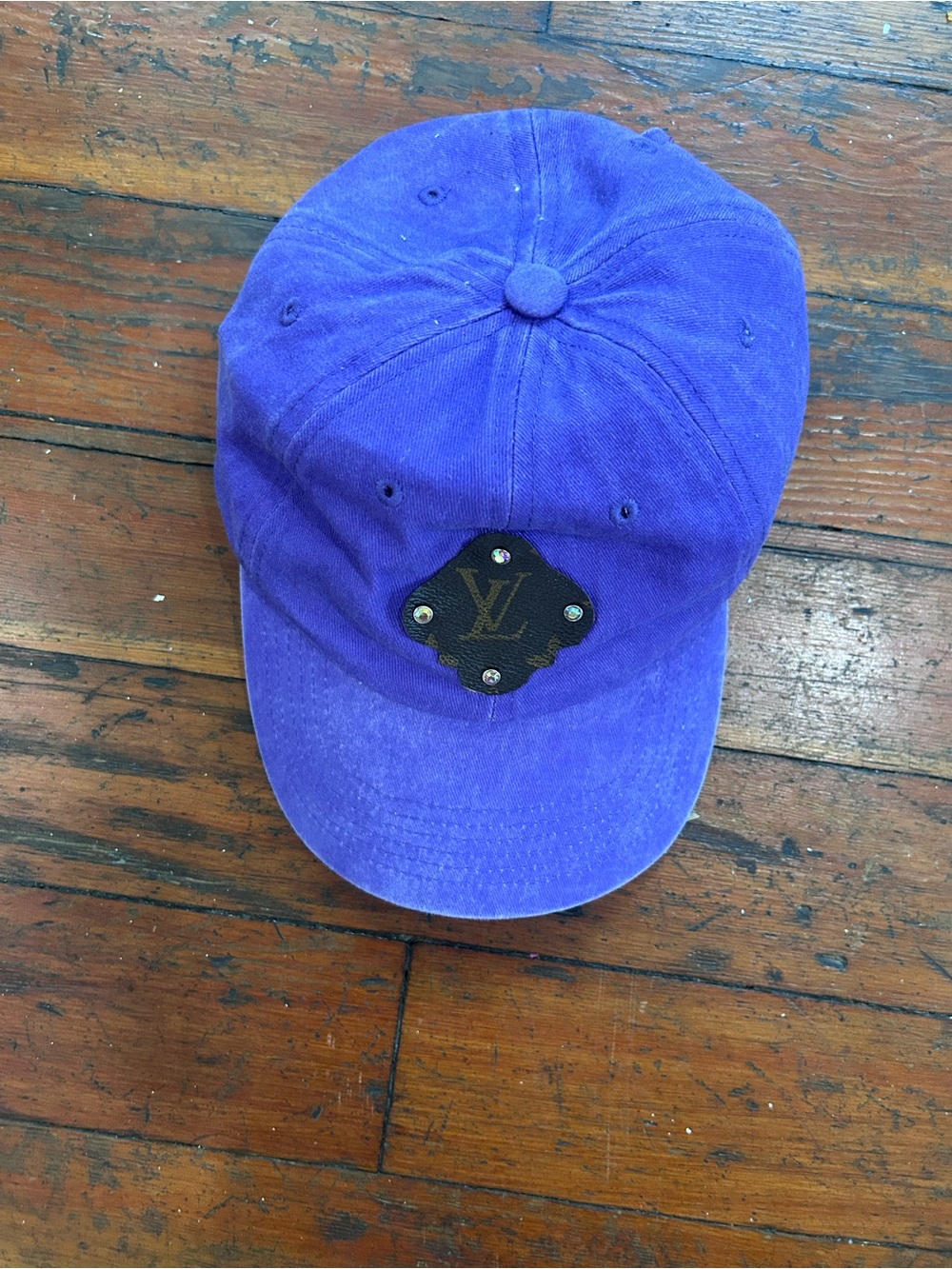 Upcycled distressed Louis Vuitton Purple Baseball Cap with Monogram patch